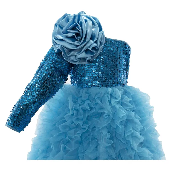 Turquoise_Polyester_Blend_Sequined_One_Shoulder_Dress_For_Girls