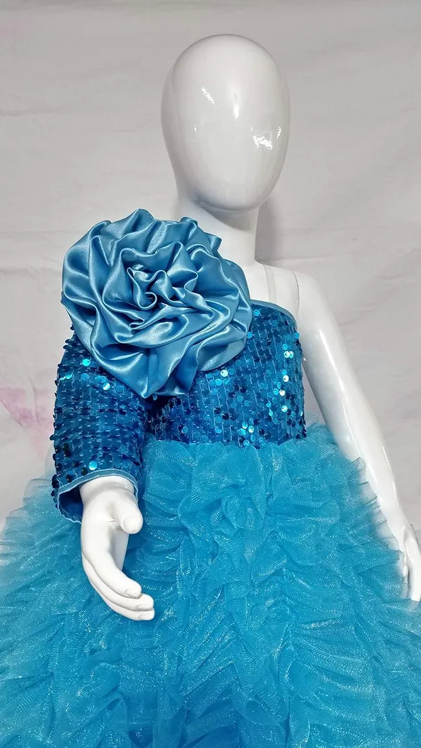 Turquoise_Polyester_Blend_Sequined_One_Shoulder_Dress_For_Girls