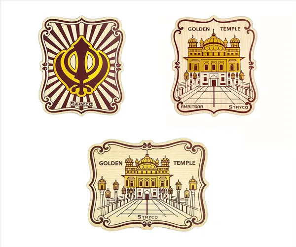 Stryco_Wooden_Fridge_Magnet_Stickers,_Golden_Temple,_Khanda,_4x3_Inches,_Pack_of_3pcs
