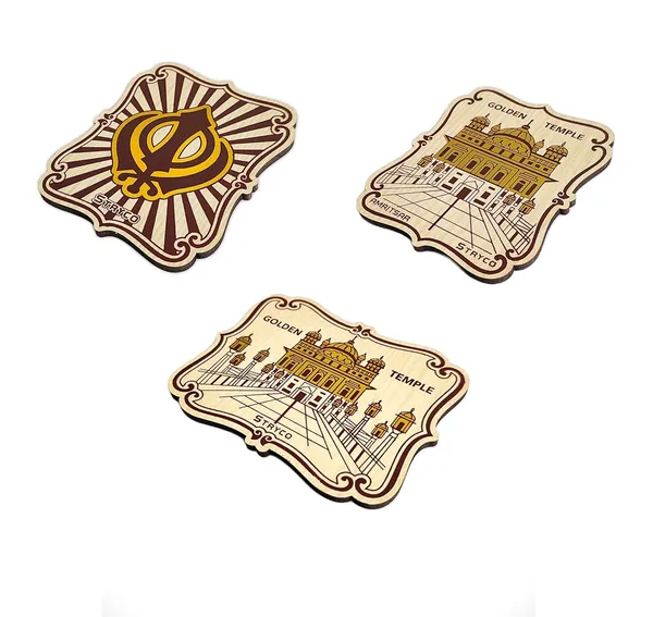 Stryco_Wooden_Fridge_Magnet_Stickers,_Golden_Temple,_Khanda,_4x3_Inches,_Pack_of_3pcs