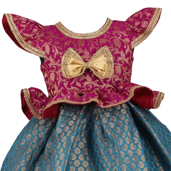 Blue_Brocade_Printed_Round_Neck_Dress_For_Girls