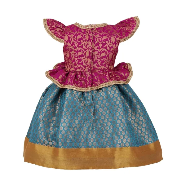 Blue_Brocade_Printed_Round_Neck_Dress_For_Girls
