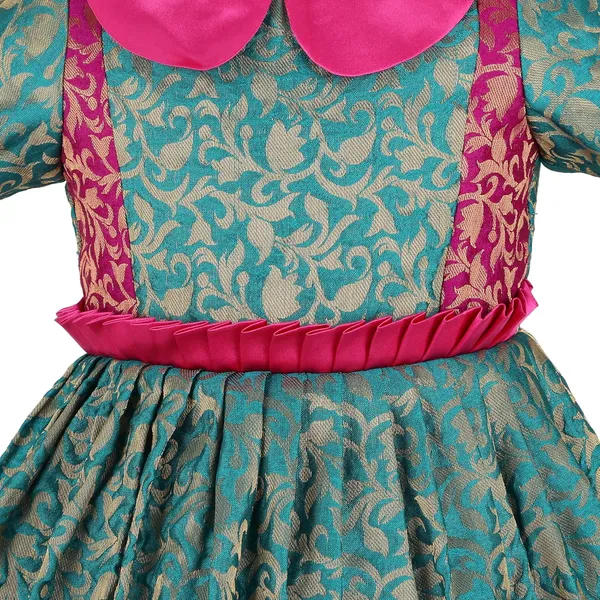 Green_Brocade_Printed_Round_Neck_Dress_For_Girls