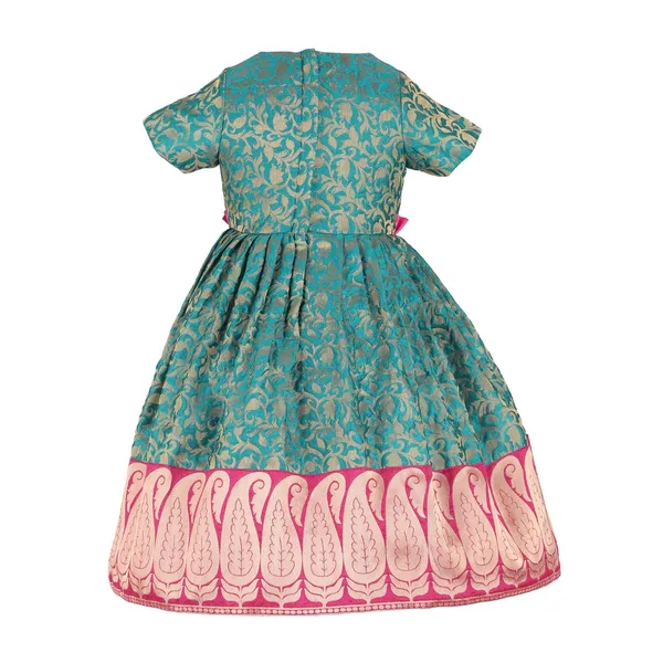 Green_Brocade_Printed_Round_Neck_Dress_For_Girls