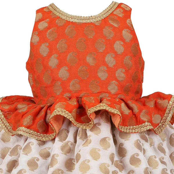 Orange_Brocade_Printed_Round_Neck_Dress_For_Girls