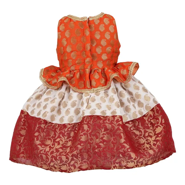 Orange_Brocade_Printed_Round_Neck_Dress_For_Girls