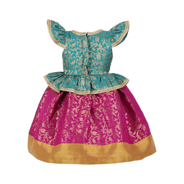 Magenta_Brocade_Printed_Round_Neck_Dress_For_Girls