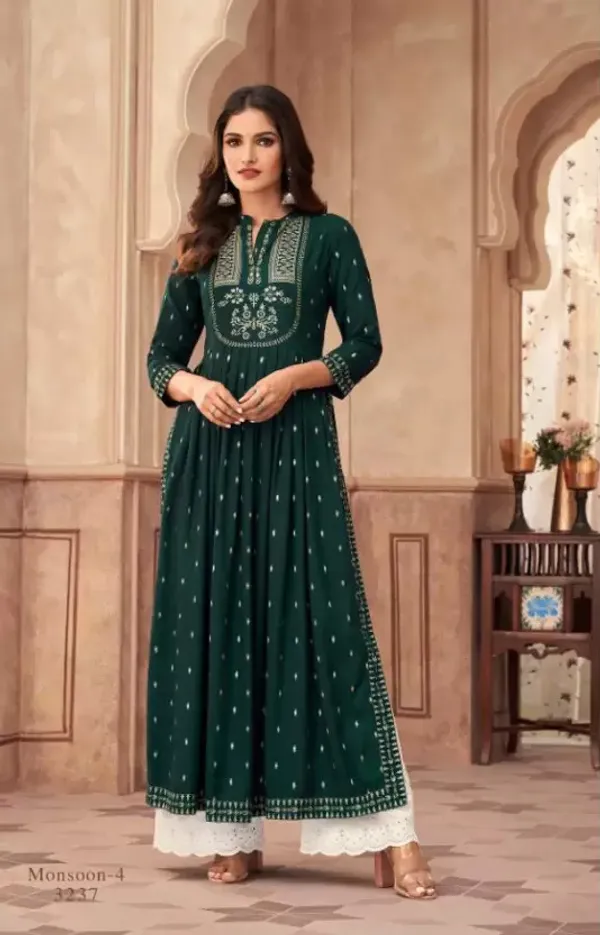 White_&_Dark_Green_&_Gold_Floral_Print_Trail_Cut_Kurta_For_Women