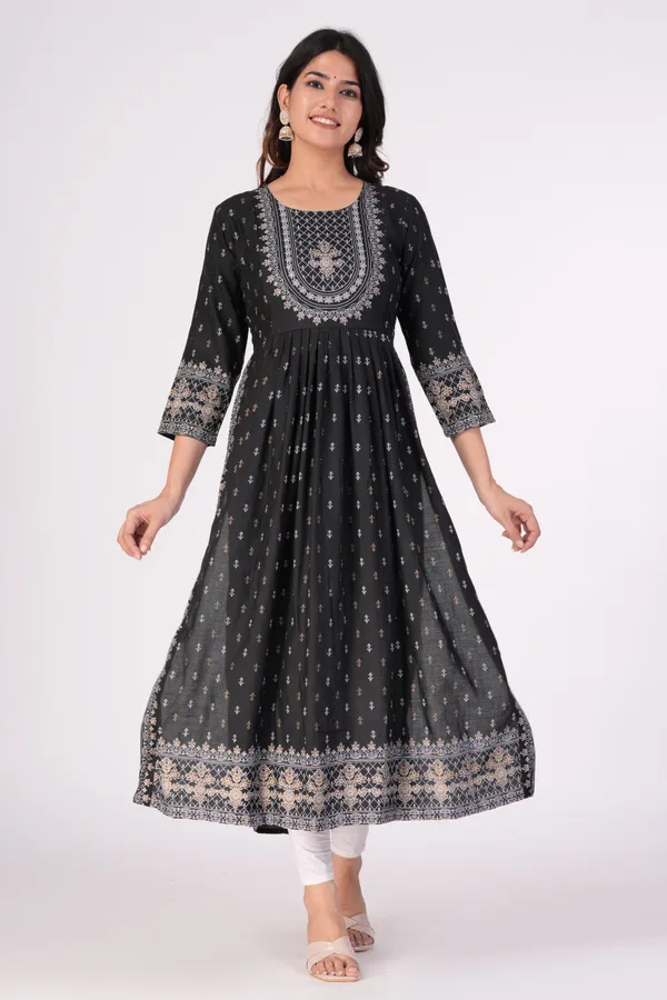 Black_&_Gold_&_White_Printed_Ethnic_Dress_Kurta_For_Women