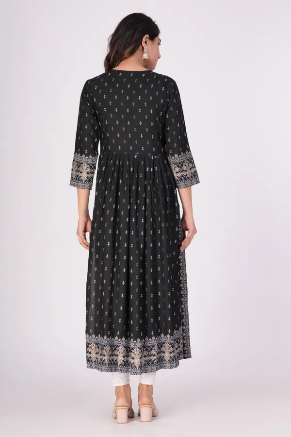 Black_&_Gold_&_White_Printed_Ethnic_Dress_Kurta_For_Women