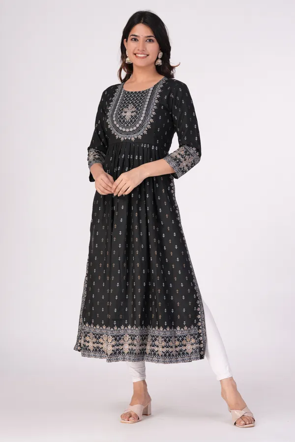 Black_&_Gold_&_White_Printed_Ethnic_Dress_Kurta_For_Women