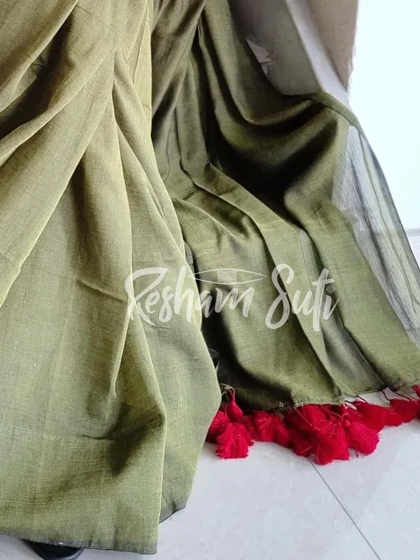 Olive_Green_with_Red_Tussel_Mul_Modal_Saree-Leaf_of_Faith