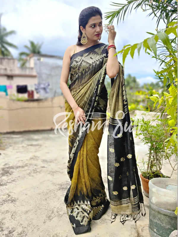 Black_&_Gold_Linen_Jamdani_Ikkat_Saree-Sanjh_Bati