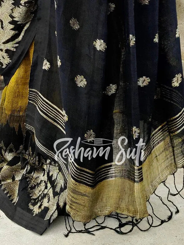 Black_&_Gold_Linen_Jamdani_Ikkat_Saree-Sanjh_Bati
