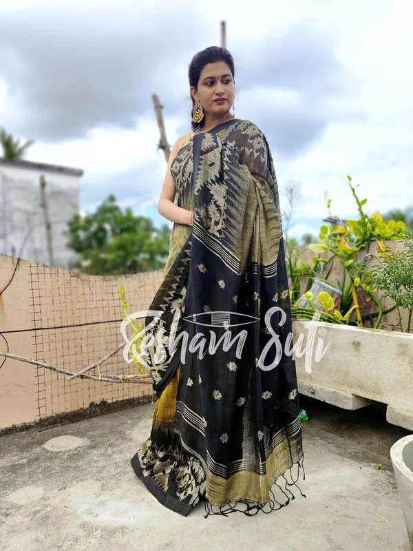 Black_&_Gold_Linen_Jamdani_Ikkat_Saree-Sanjh_Bati