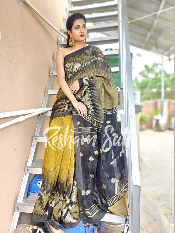 Black_&_Gold_Linen_Jamdani_Ikkat_Saree-Sanjh_Bati