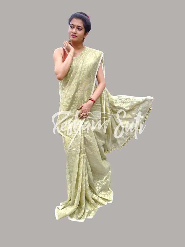 Sage_Green_&_Gold_Resham_Cotton_Jamdani_Saree-Shaola