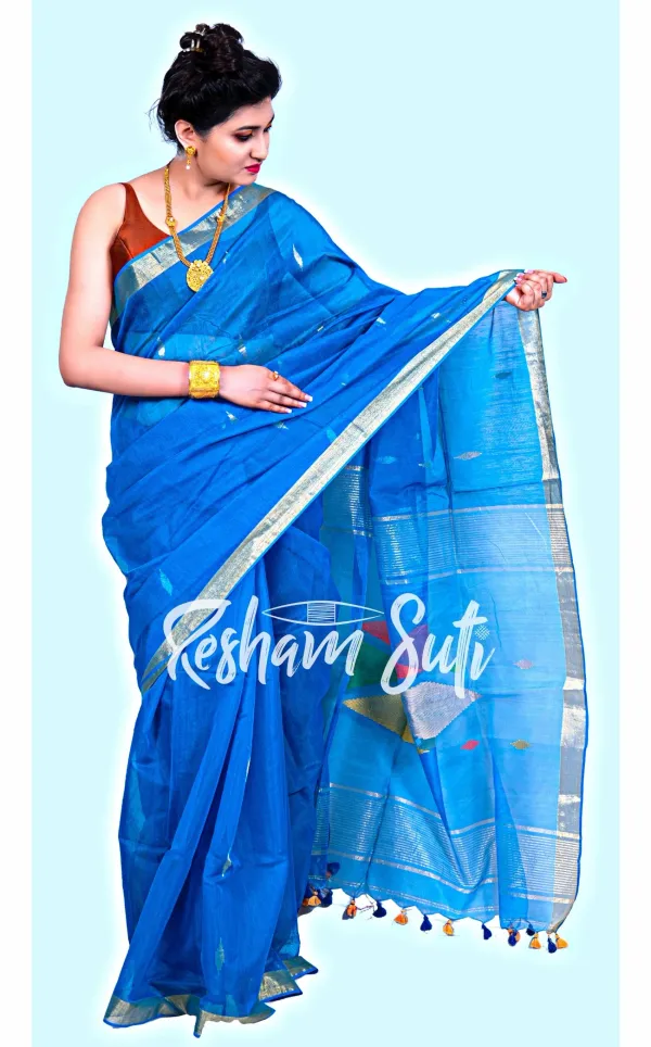 Blue_Handloom_Cotton_Silk_Saree-Slash_of_Blue