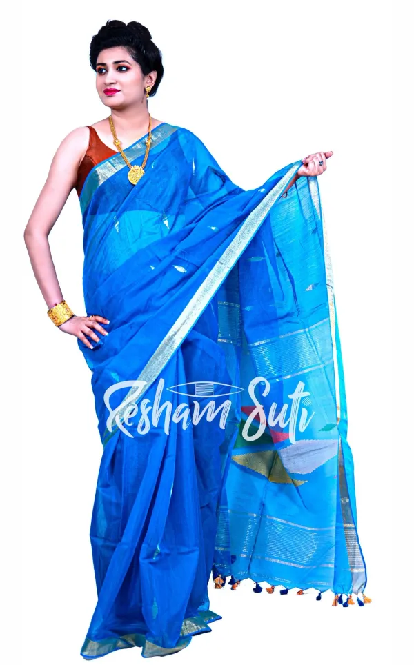 Blue_Handloom_Cotton_Silk_Saree-Slash_of_Blue