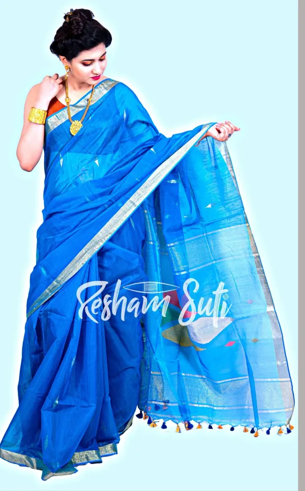 Blue_Handloom_Cotton_Silk_Saree-Slash_of_Blue