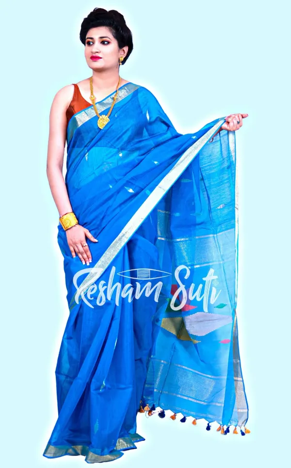 Blue_Handloom_Cotton_Silk_Saree-Slash_of_Blue