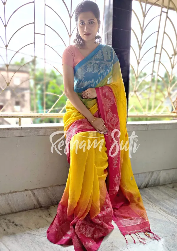 Yellow_&_Pink_&_Blue_Ganga_Yamuna_Border_Linen_Jamdani_Ikkat_Saree-Unicorn_Dreams