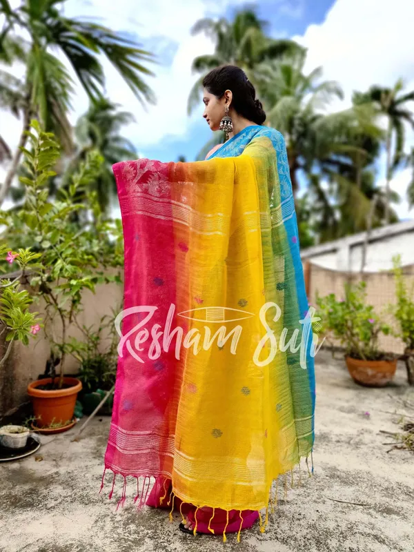 Yellow_&_Pink_&_Blue_Ganga_Yamuna_Border_Linen_Jamdani_Ikkat_Saree-Unicorn_Dreams