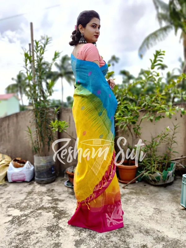 Yellow_&_Pink_&_Blue_Ganga_Yamuna_Border_Linen_Jamdani_Ikkat_Saree-Unicorn_Dreams