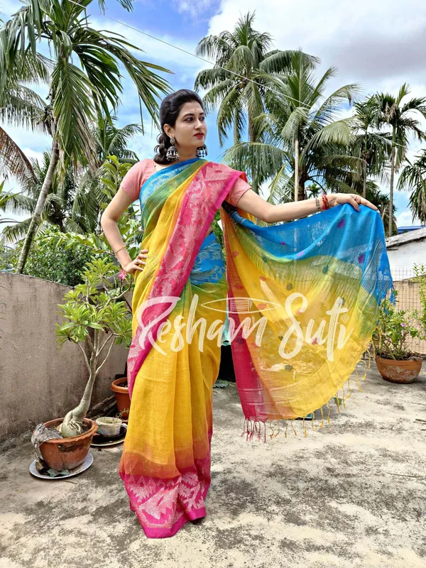 Yellow_&_Pink_&_Blue_Ganga_Yamuna_Border_Linen_Jamdani_Ikkat_Saree-Unicorn_Dreams