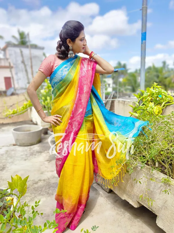 Yellow_&_Pink_&_Blue_Ganga_Yamuna_Border_Linen_Jamdani_Ikkat_Saree-Unicorn_Dreams