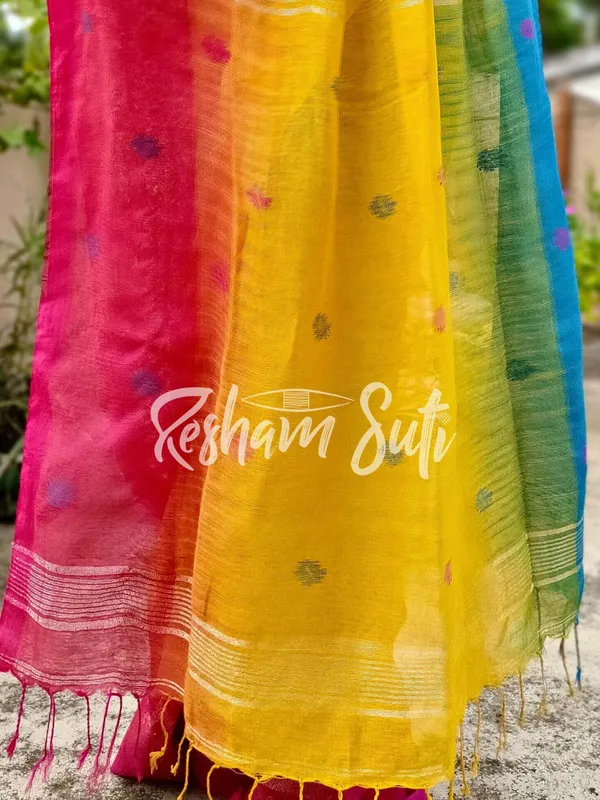Yellow_&_Pink_&_Blue_Ganga_Yamuna_Border_Linen_Jamdani_Ikkat_Saree-Unicorn_Dreams