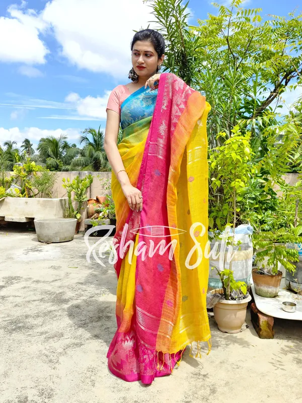 Yellow_&_Pink_&_Blue_Ganga_Yamuna_Border_Linen_Jamdani_Ikkat_Saree-Unicorn_Dreams