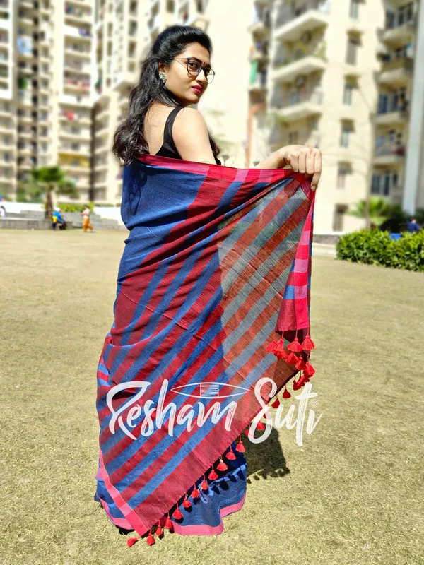 Light_Blue_&_Red_stripe_Modal_Cotton_Saree-Starstruck