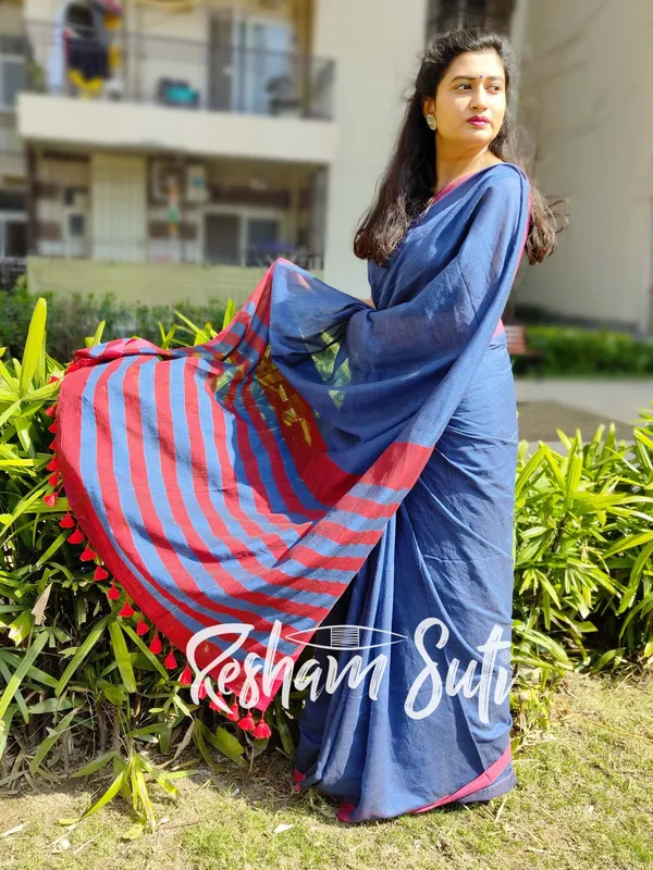 Light_Blue_&_Red_stripe_Modal_Cotton_Saree-Starstruck