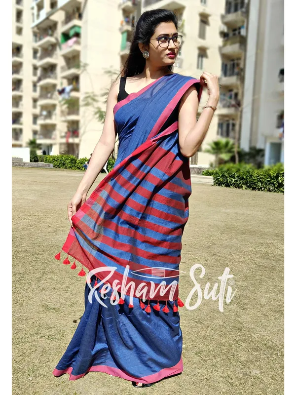 Light_Blue_&_Red_stripe_Modal_Cotton_Saree-Starstruck
