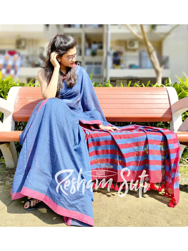Light_Blue_&_Red_stripe_Modal_Cotton_Saree-Starstruck