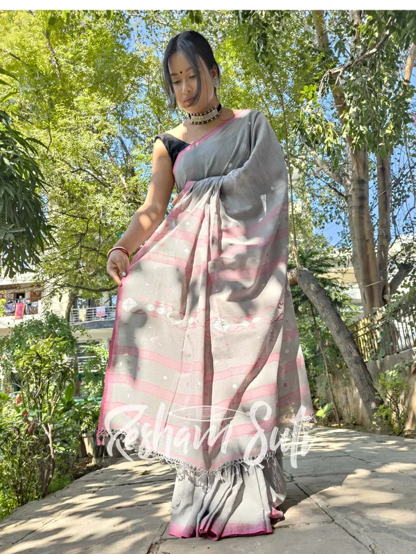 Grey_&_Pink_Handwoven_Cotton_Jamdani_Saree-Mitti_Ke_Phool