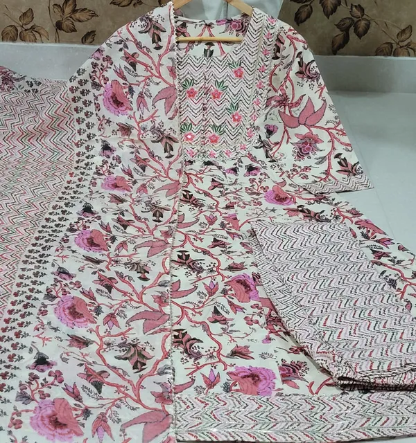 Multicolor_Flared_Cotton_Kurti_With_Pant_And_Dupatta_For_Women