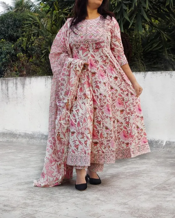 Multicolor_Flared_Cotton_Kurti_With_Pant_And_Dupatta_For_Women