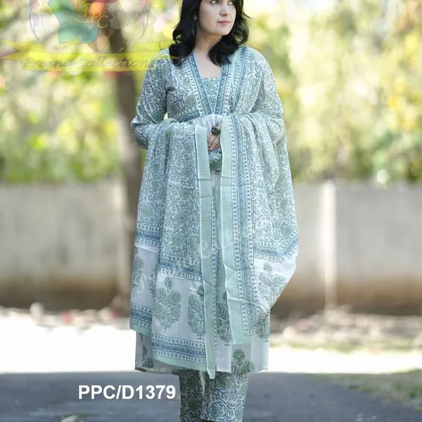 White_Blue_Cotton_Kurti_With_Pant_And_Dupatta_For_Women