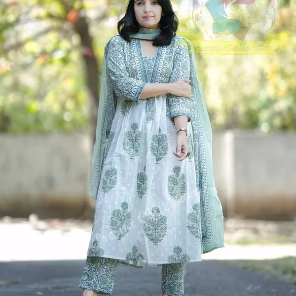 White_Blue_Cotton_Kurti_With_Pant_And_Dupatta_For_Women
