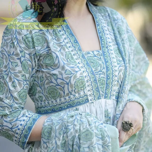 White_Blue_Cotton_Kurti_With_Pant_And_Dupatta_For_Women