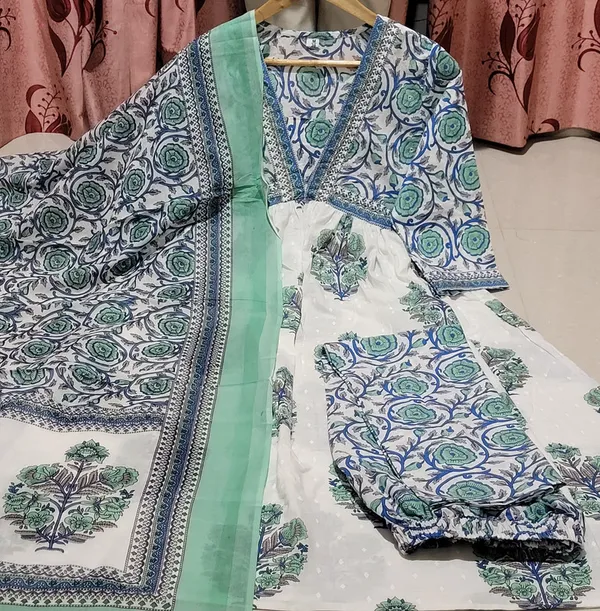 White_Blue_Cotton_Kurti_With_Pant_And_Dupatta_For_Women