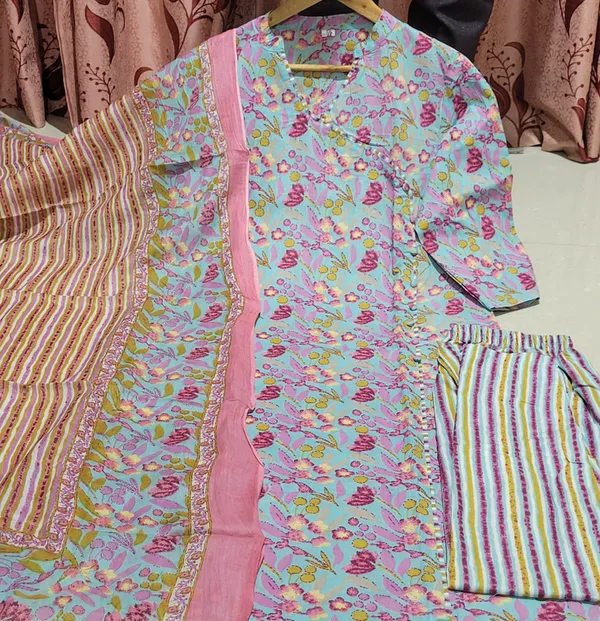 Multi_Blue_Cotton_Kurti_With_Pant_And_Dupatta_For_Women