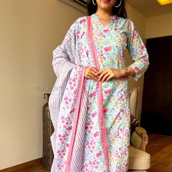 Multi_Blue_Cotton_Kurti_With_Pant_And_Dupatta_For_Women
