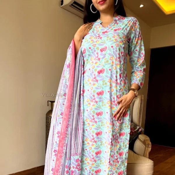Multi_Blue_Cotton_Kurti_With_Pant_And_Dupatta_For_Women
