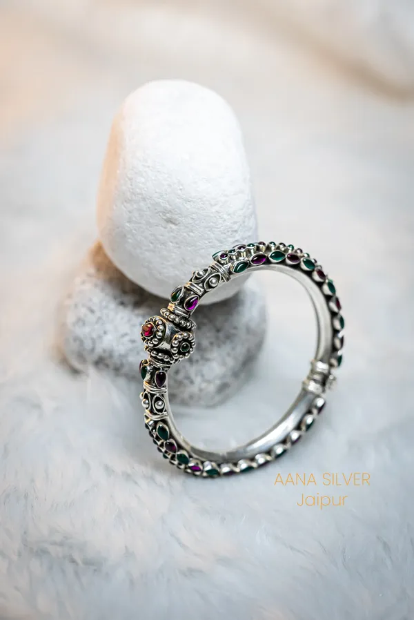 925_Pure_Sterling_Silver_|_Aabharan_Detailed_Ruby_Centric_Kada_|_Well_Stamped_&_Hallmarked