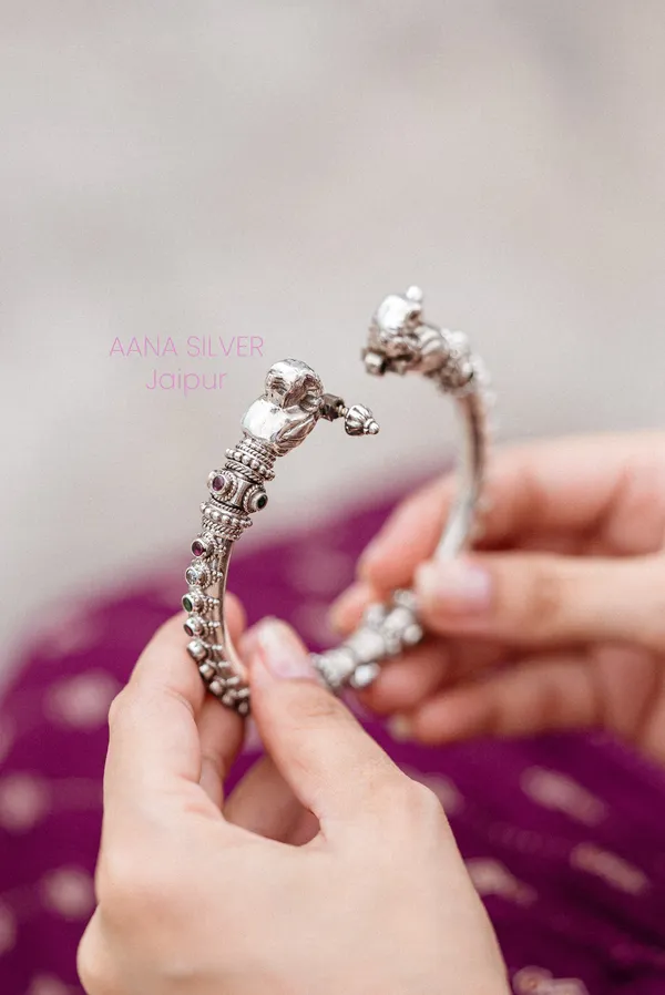 925_Pure_Sterling_Silver_|_Saundarya_Multi_Stone_Peacock_Kada_|_Well_Stamped_&_Hallmarked