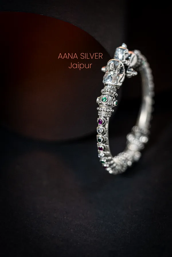 925_Pure_Sterling_Silver_|_Saundarya_Multi_Stone_Peacock_Kada_|_Well_Stamped_&_Hallmarked