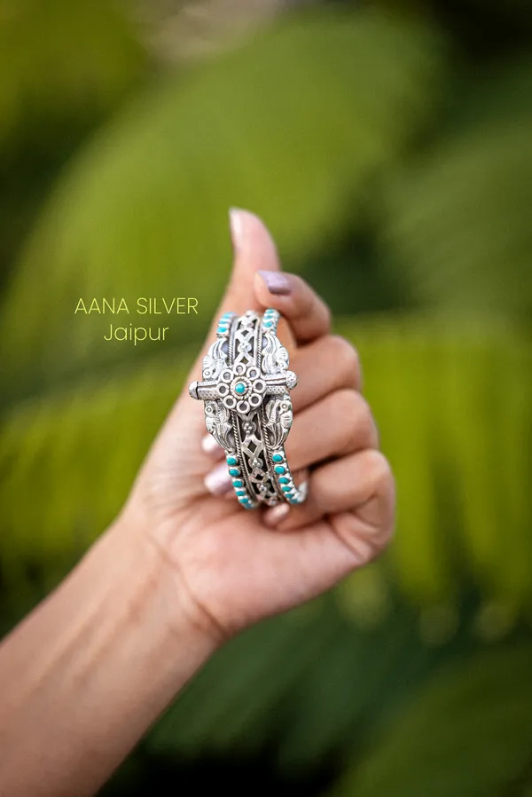 925_Pure_Sterling_Silver_|_Saundarya_Peacock_Turquoise_Kada_|_Well_Stamped_&_Hallmarked